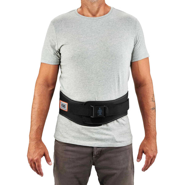 A man wearing a black Ergodyne ProFlex back support belt.