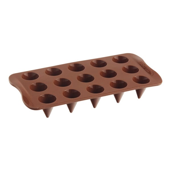 A brown silicone chocolate mold with 15 cone-shaped compartments.