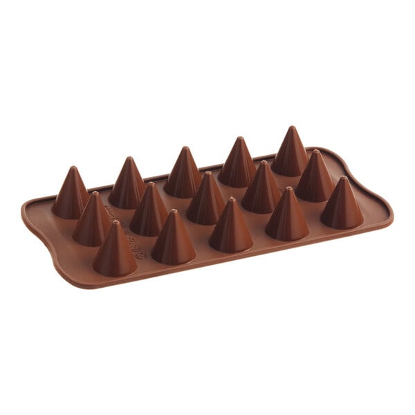 A brown silicone chocolate mold with 15 cone-shaped compartments.