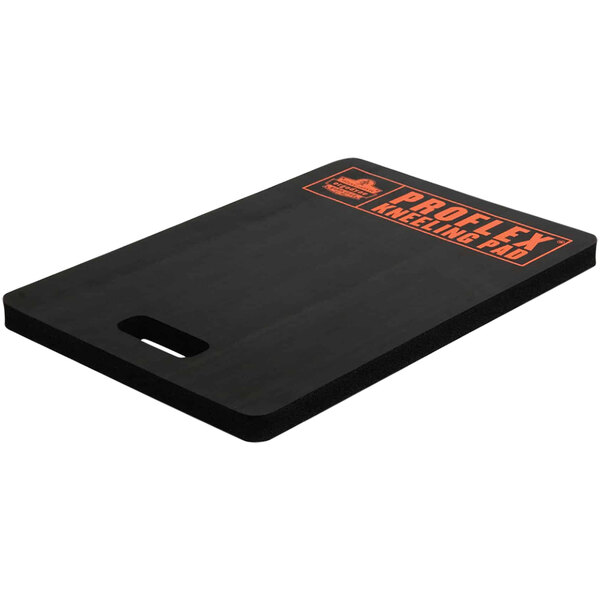 A black foam kneeling pad with orange text that reads "ProFlex" in a professional kitchen.