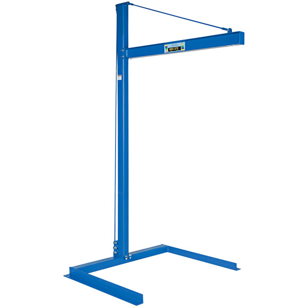 A blue steel Vestil cantilever jib with a metal pole.