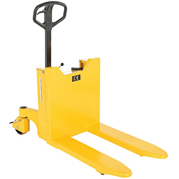 A yellow Vestil manual tilt table with a black handle.