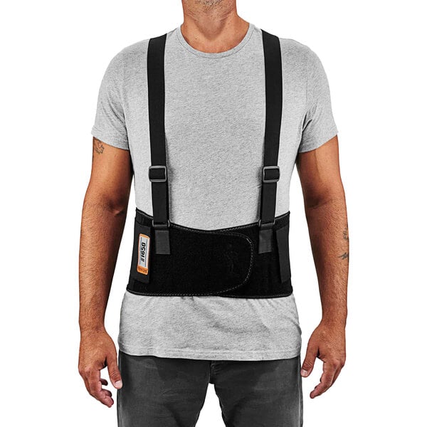 A man wearing an Ergodyne ProFlex Elastic Back Support brace.