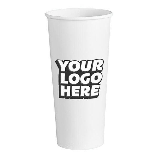 A white customizable paper cold cup with black text.