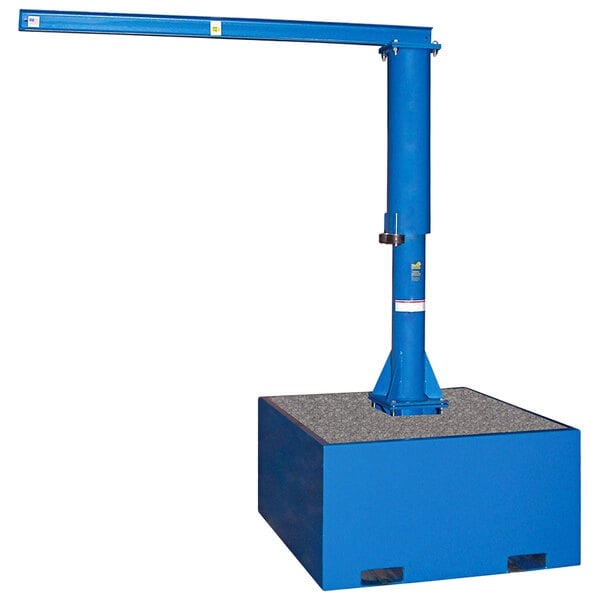 A blue Vestil portable jib crane with a metal base on a blue box.