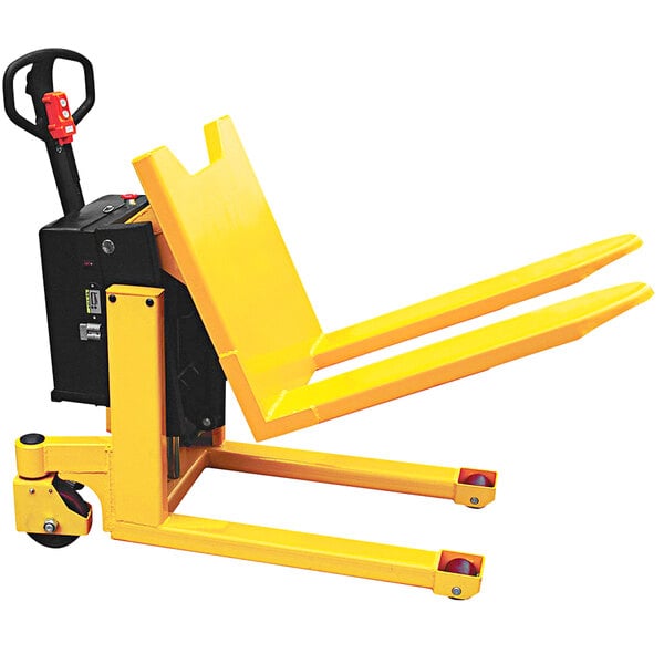 A yellow Vestil Tilt Master with black handlebars.