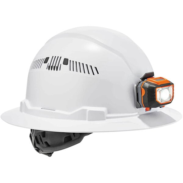 A white Ergodyne hard hat with a LED light on it.
