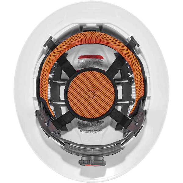 A white Ergodyne hard hat with orange and black straps.