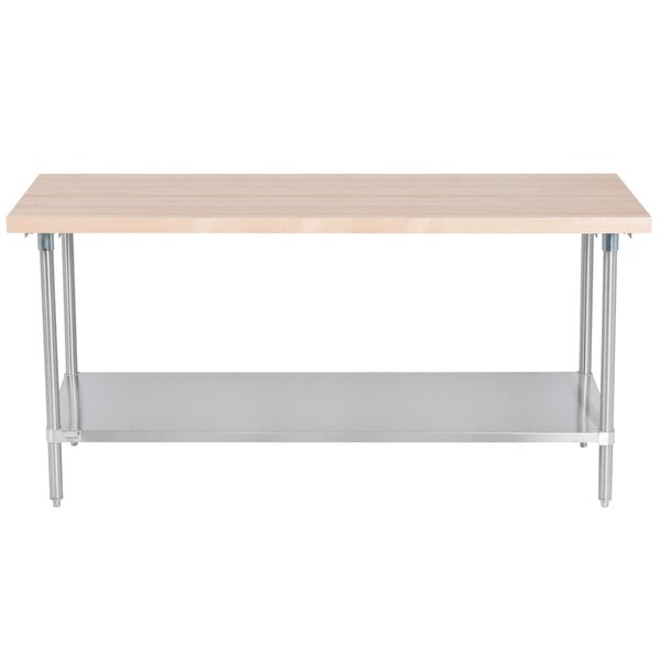 An Advance Tabco wood top work table with stainless steel legs and undershelf.