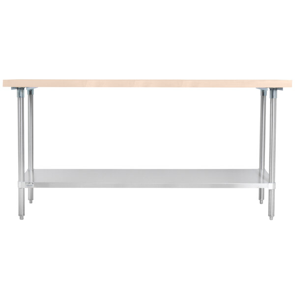 An Advance Tabco wood top work table with a stainless steel base and undershelf.