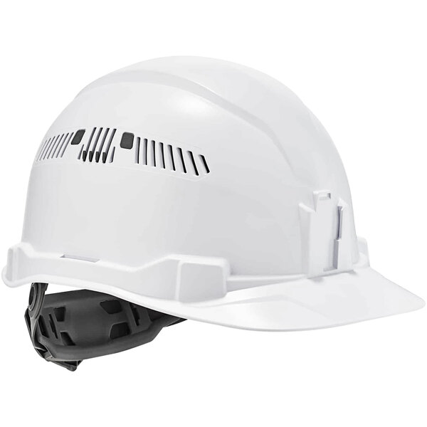 A white Ergodyne Skullerz hard hat with black accents.