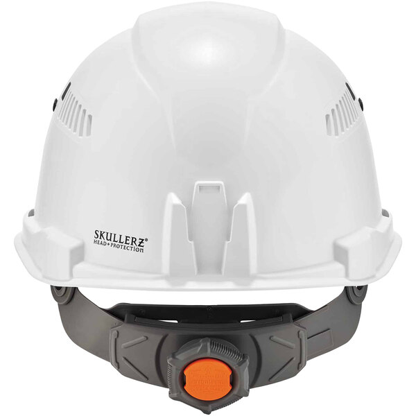 A white Ergodyne Skullerz hard hat with a 4-point ratchet suspension.