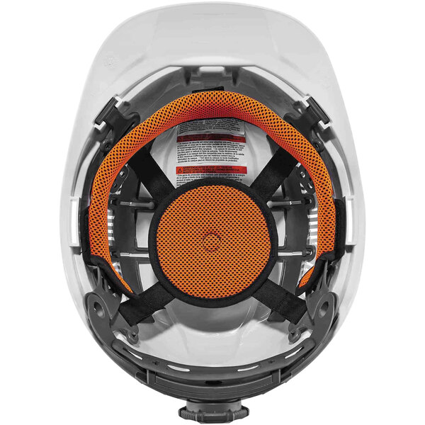 A white Ergodyne Skullerz hard hat with orange straps.