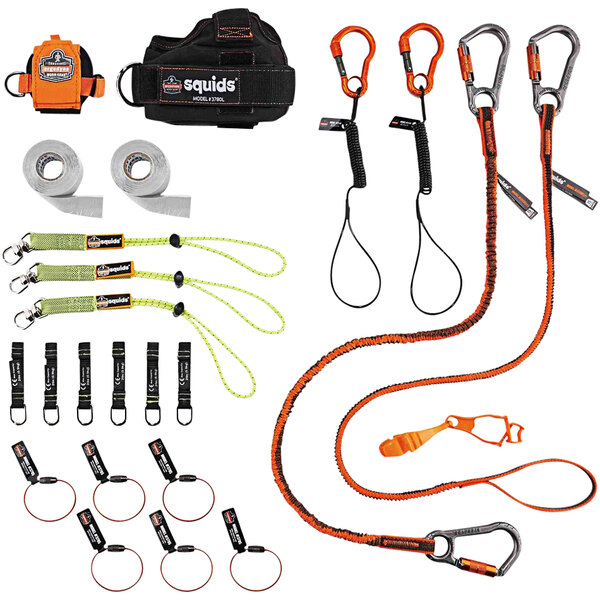 An Ergodyne Squids Carpenter & Laborers Tool Tethering Kit with lanyards and straps in a black and white bag.