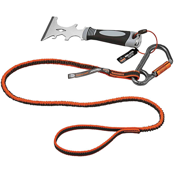 An Ergodyne Squids tool tethering kit with a black and orange tether and carabiner attached to a tool.