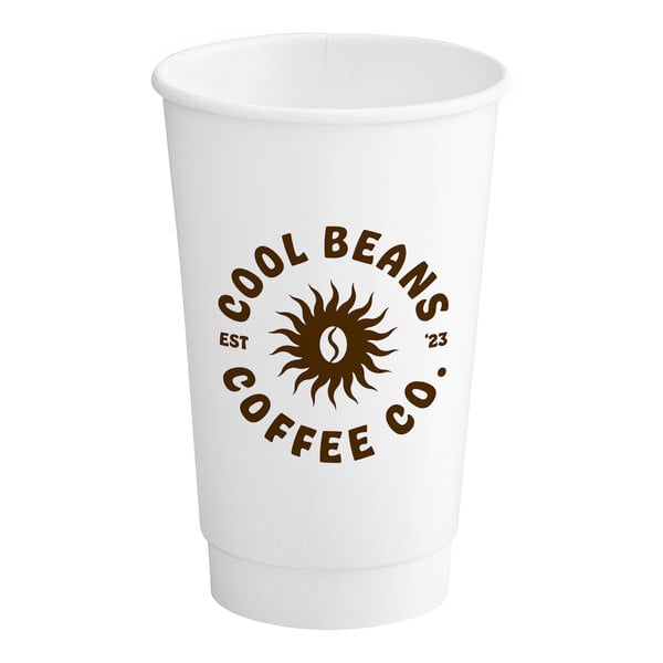 A white customizable paper hot cup with brown text.