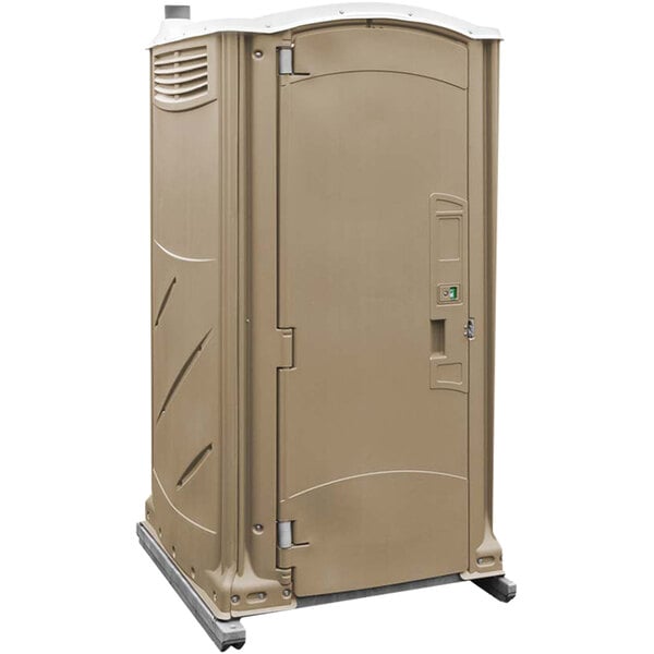 A brown plastic Satellite Maxim 3000 portable restroom on wheels.