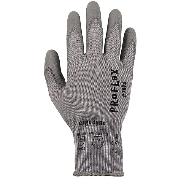 A grey Ergodyne ProFlex warehouse glove with a polyurethane palm coating and black text on the wrist.