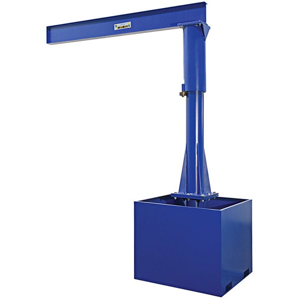 A blue Vestil portable jib crane with a metal base.