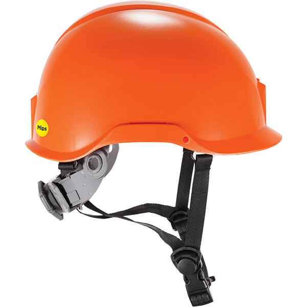 An orange Ergodyne Skullerz safety helmet with a black strap.