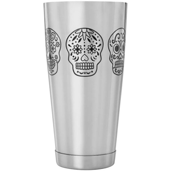 A stainless steel Barfly cocktail shaker with a skull design.