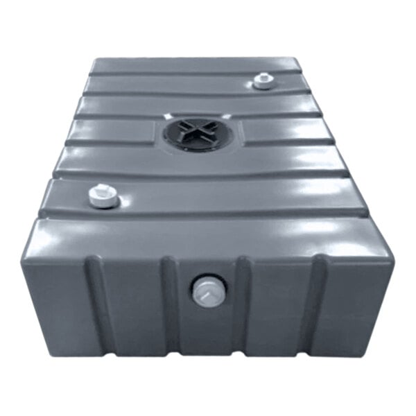 A large gray rectangular 250-gallon holding tank with multiple capped openings on the top and side.