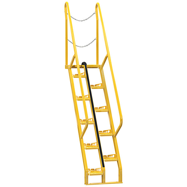 A yellow ladder with a black handle.