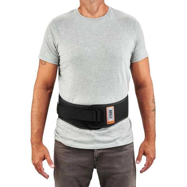 A man wearing a medium Ergodyne ProFlex 1500 back support belt with a black buckle.