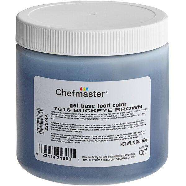 A blue container of Chefmaster Buckeye Brown gel food coloring with a white lid.