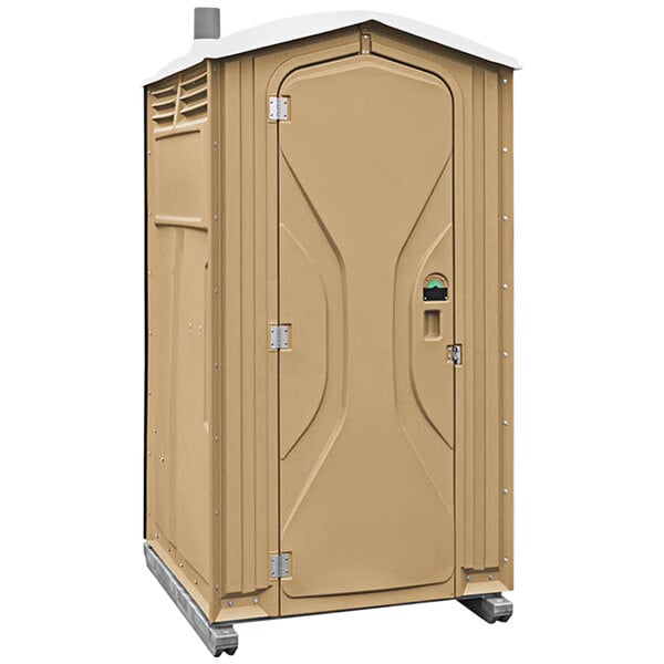 A tan Satellite Tufway portable toilet on wheels with a door.