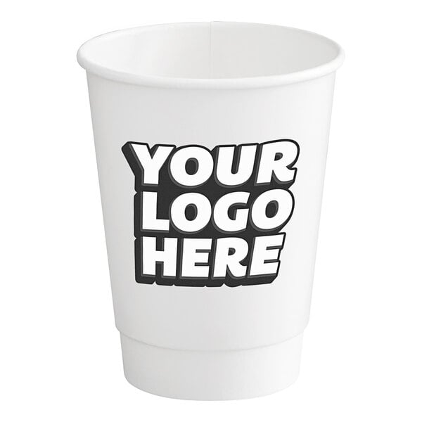 A white customizable double wall paper hot cup with black text.