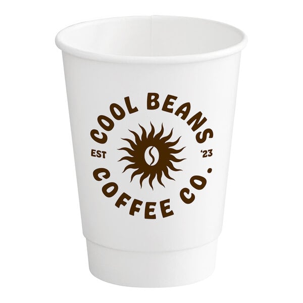 A white customizable paper hot cup with brown text that says "Cool Beans Coffee Co."