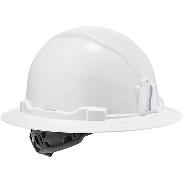 An Ergodyne Skullerz white hard hat with a black strap.