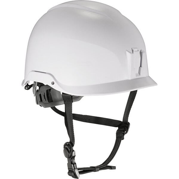 A white Ergodyne Skullerz safety helmet with black straps.