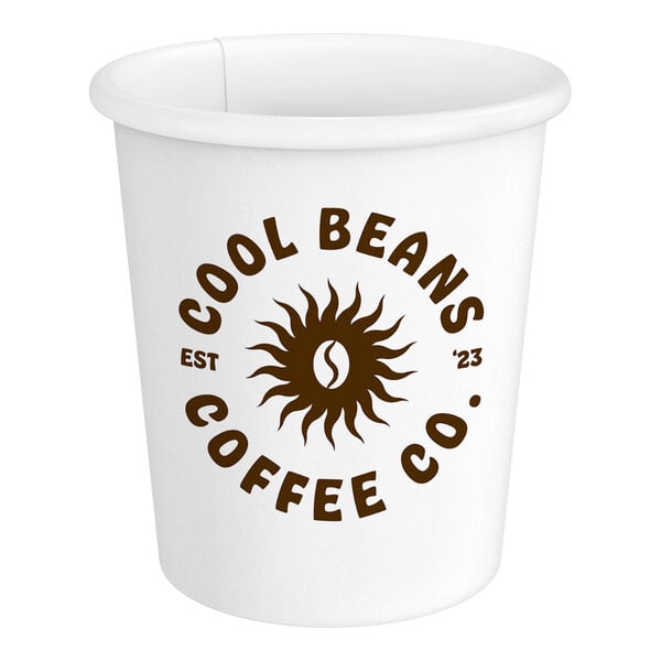 A white customizable paper hot cup with brown text that says "Cool Beans Coffee"