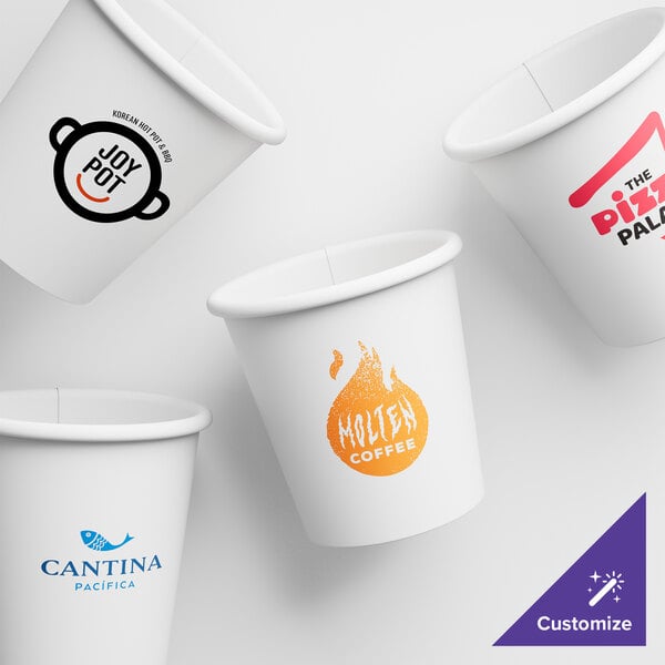 A group of white customizable paper hot cups with different designs including blue and red text and an orange logo.