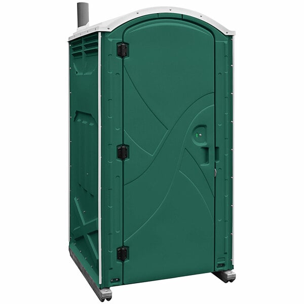 A green and white Satellite Axxis portable restroom.