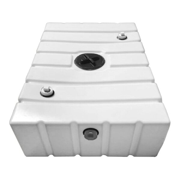 A rectangular white 250-gallon holding tank with a central black cap and two smaller fittings on the top surface.