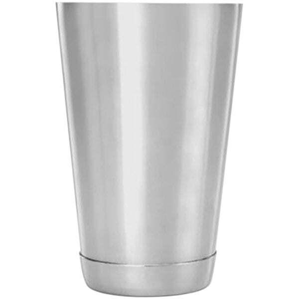 A Barfly stainless steel cocktail shaker with a lid on a white surface.