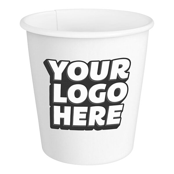 A white paper cup with the words "your logo here" in white.