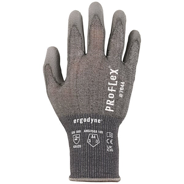 A medium-sized Ergodyne ProFlex warehouse glove with polyurethane palm coating and white text on it.