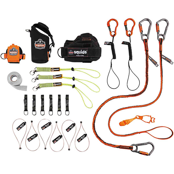 An orange and black Ergodyne Squids tool tethering kit bag with lanyards and wristbands inside.