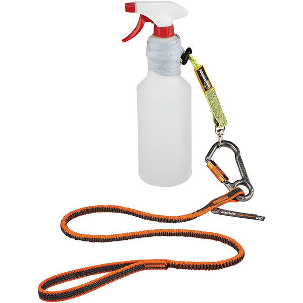 An Ergodyne Squids tool tethering kit leash attached to a white spray bottle.