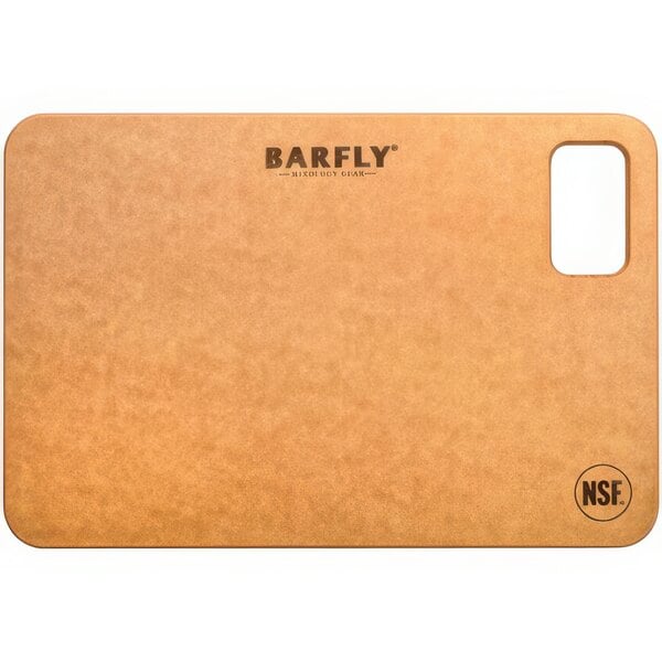 A rectangular brown Barfly cutting board with a black logo on it.