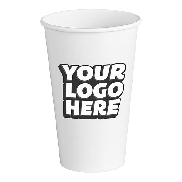 A white customizable paper cold cup with black text on it.