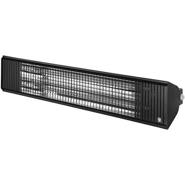 An Aura carbon black rectangular infrared heater with metal bars.