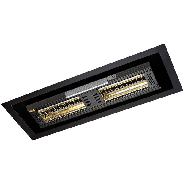 A black rectangular metal grid for two Solaira ceiling mounted heaters.