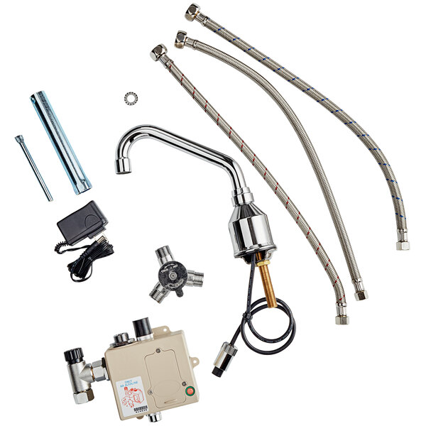 A close-up of a Waterloo metal faucet with a gooseneck spout.