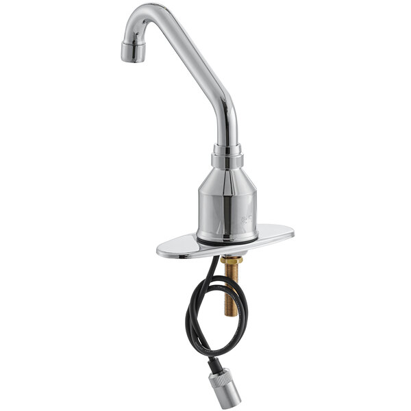 A Waterloo chrome medical faucet with a surgical bend gooseneck spout and a deck plate.