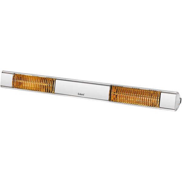 A rectangular stainless steel object with orange lights on one side.